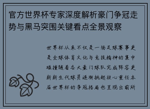 官方世界杯专家深度解析豪门争冠走势与黑马突围关键看点全景观察 官方世界杯专家深度解析豪门争冠走势与黑马突围关键看点全景观察